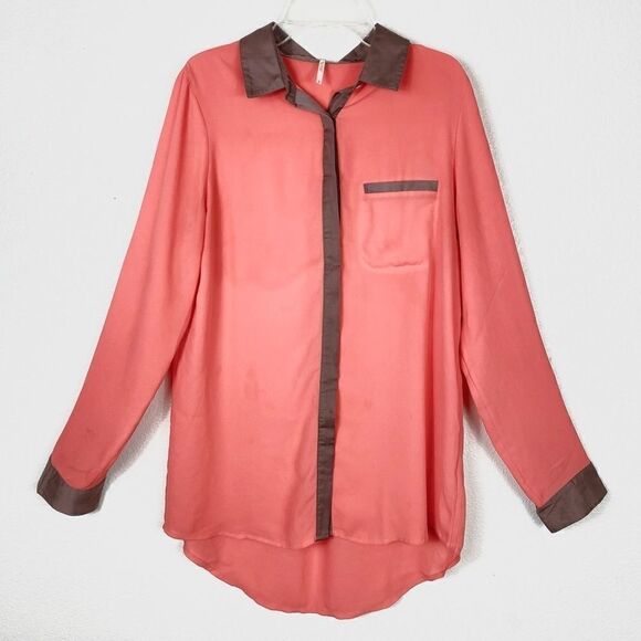 Free People Salmon Pink & Tan Long Sleeve Button Up Blouse Shirt Size S - Picture 1 of 4